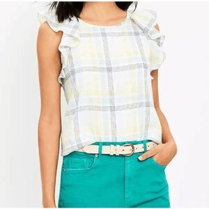 LOFT Women's Plaid Ruffle V-Back Shell Blouse size Small